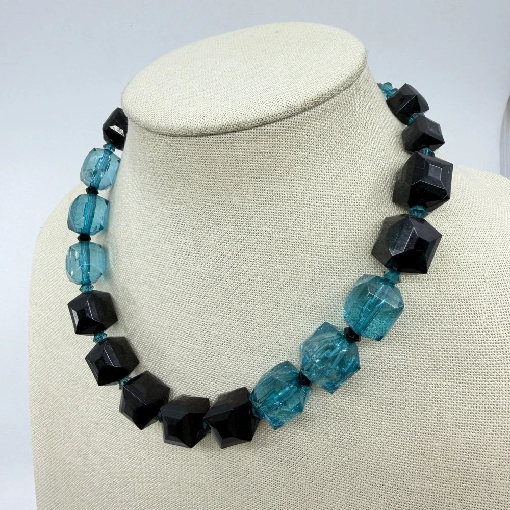 Black Aqua Blue Faceted Cube Bead Necklace Chunky Geometric Statement Jewelry
